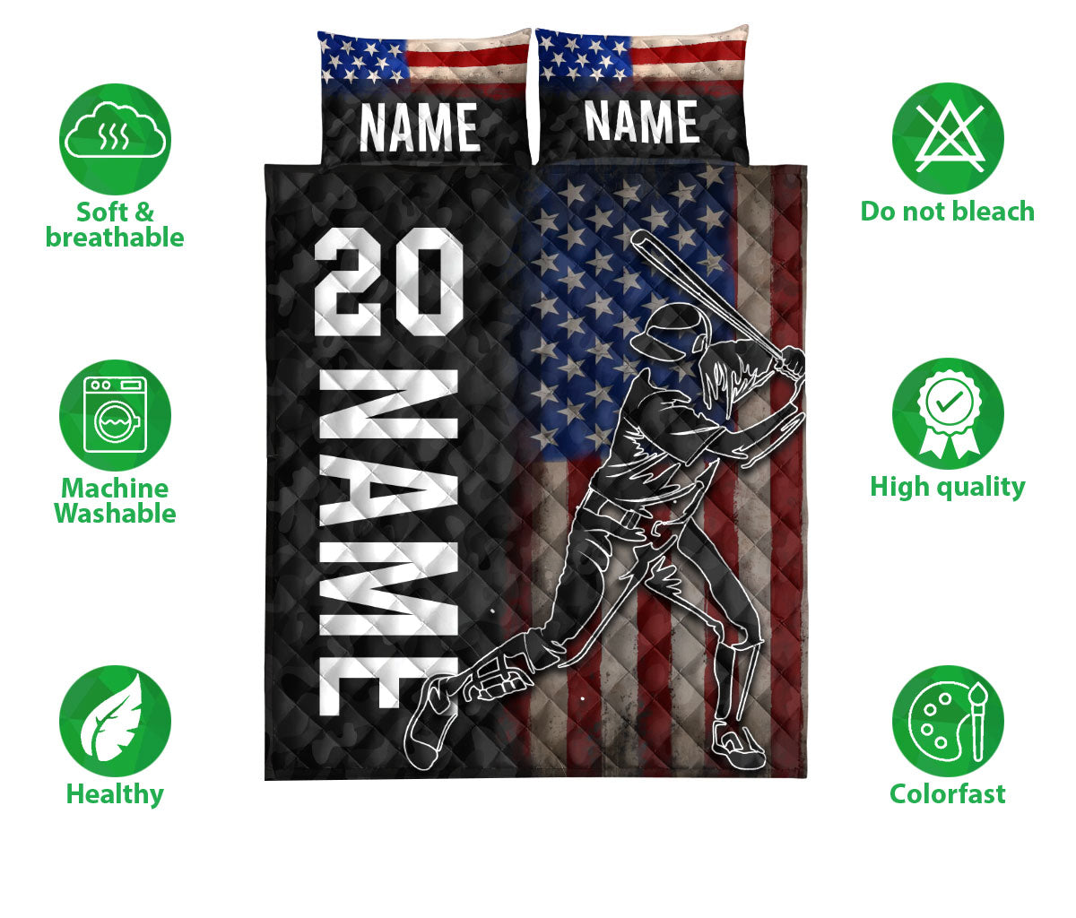 Patriotic baseball quilt bedding set with batter artwork, stars and stripes, and soft breathable feature icons