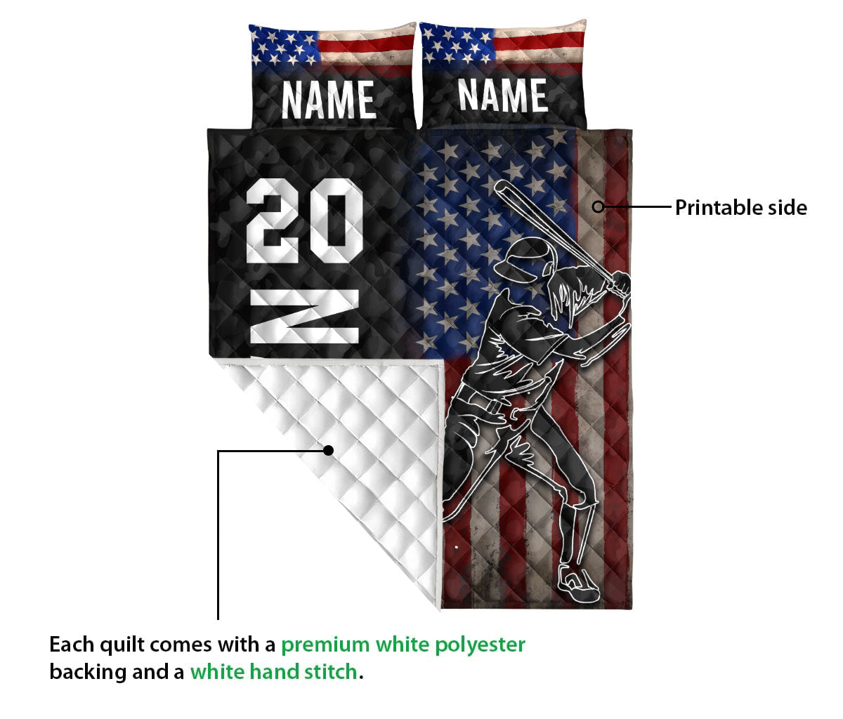 Baseball quilt showing the printed front artwork and white quilted backing in a product detail view
