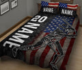 Baseball quilt blanket shown in a bedroom with a batter silhouette, stars and stripes, and bold sports artwork