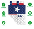Texas Lone Star quilt bedding set shown with product feature icons and flag-inspired red, white, and blue artwork