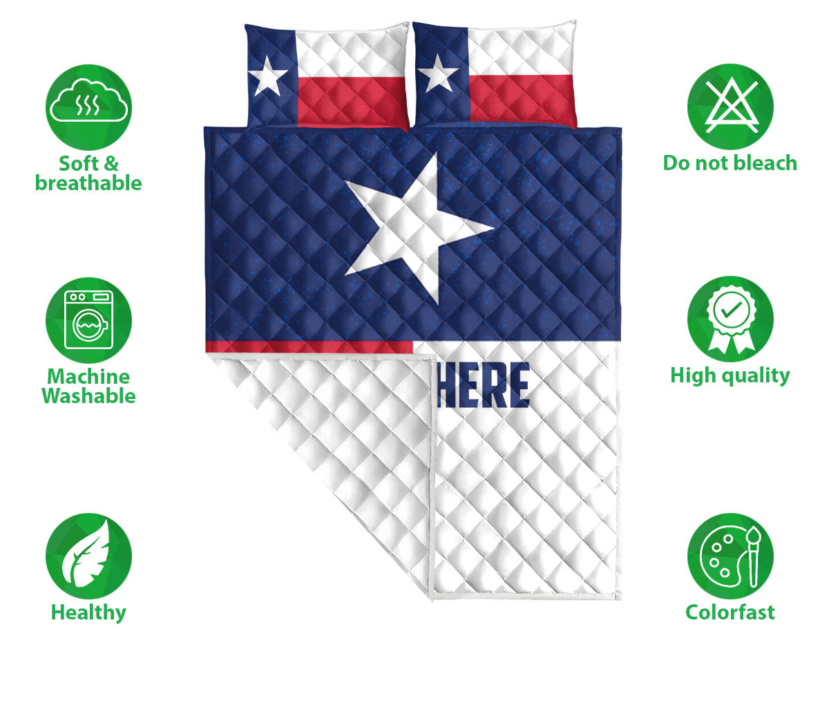 Texas Lone Star quilt bedding set shown with product feature icons and flag-inspired red, white, and blue artwork