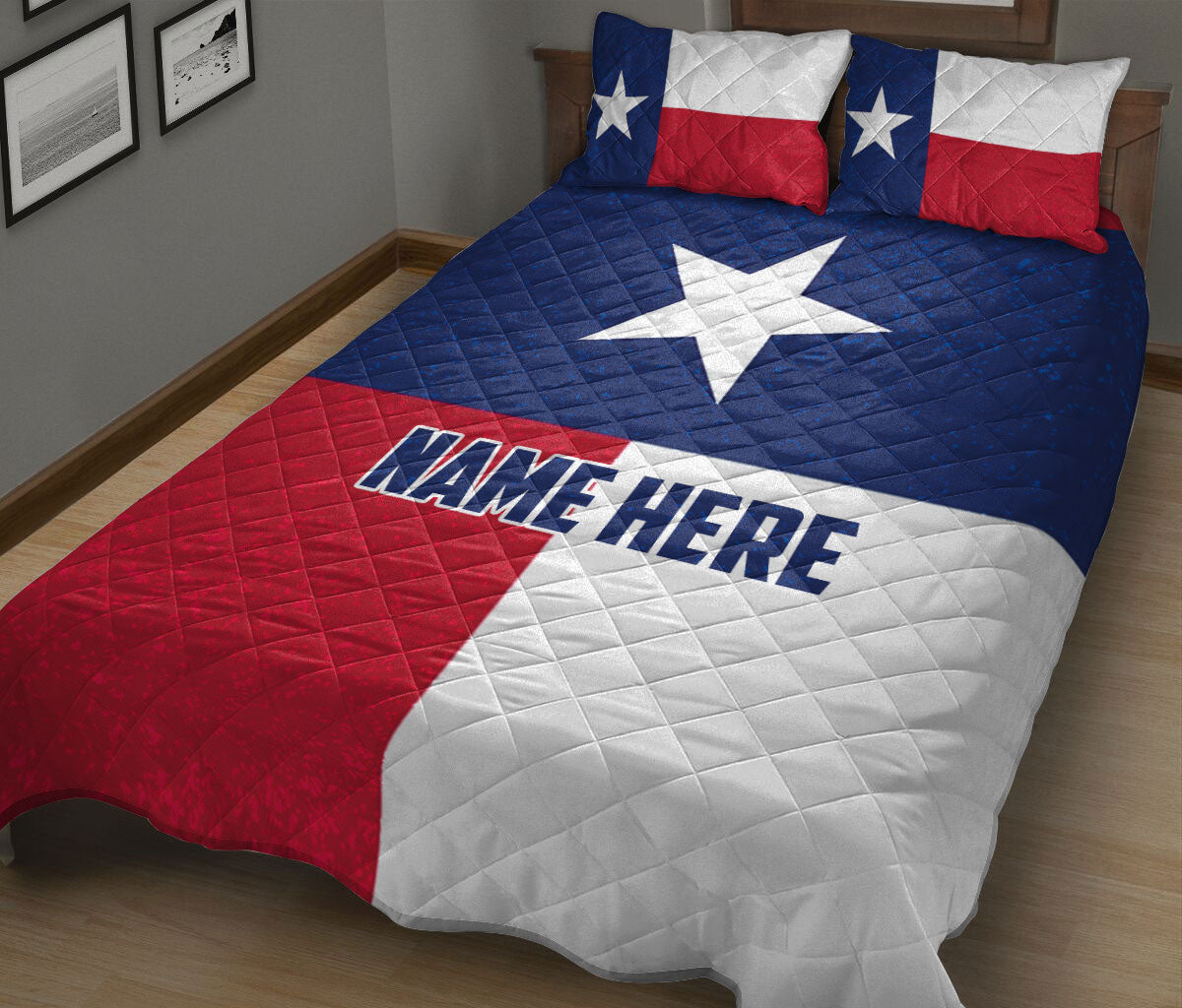 Lone Star Texas quilt blanket displayed on a bed with bold blue, red, and white flag artwork
