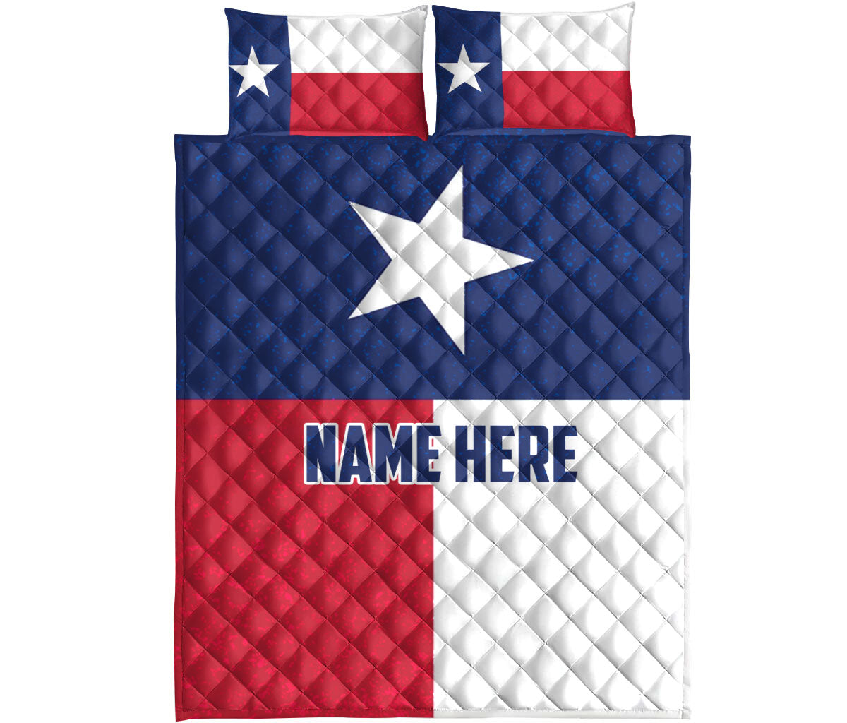 Texas flag quilt bed set shown flat with a large white Lone Star and coordinating red, white, and blue pillow designs