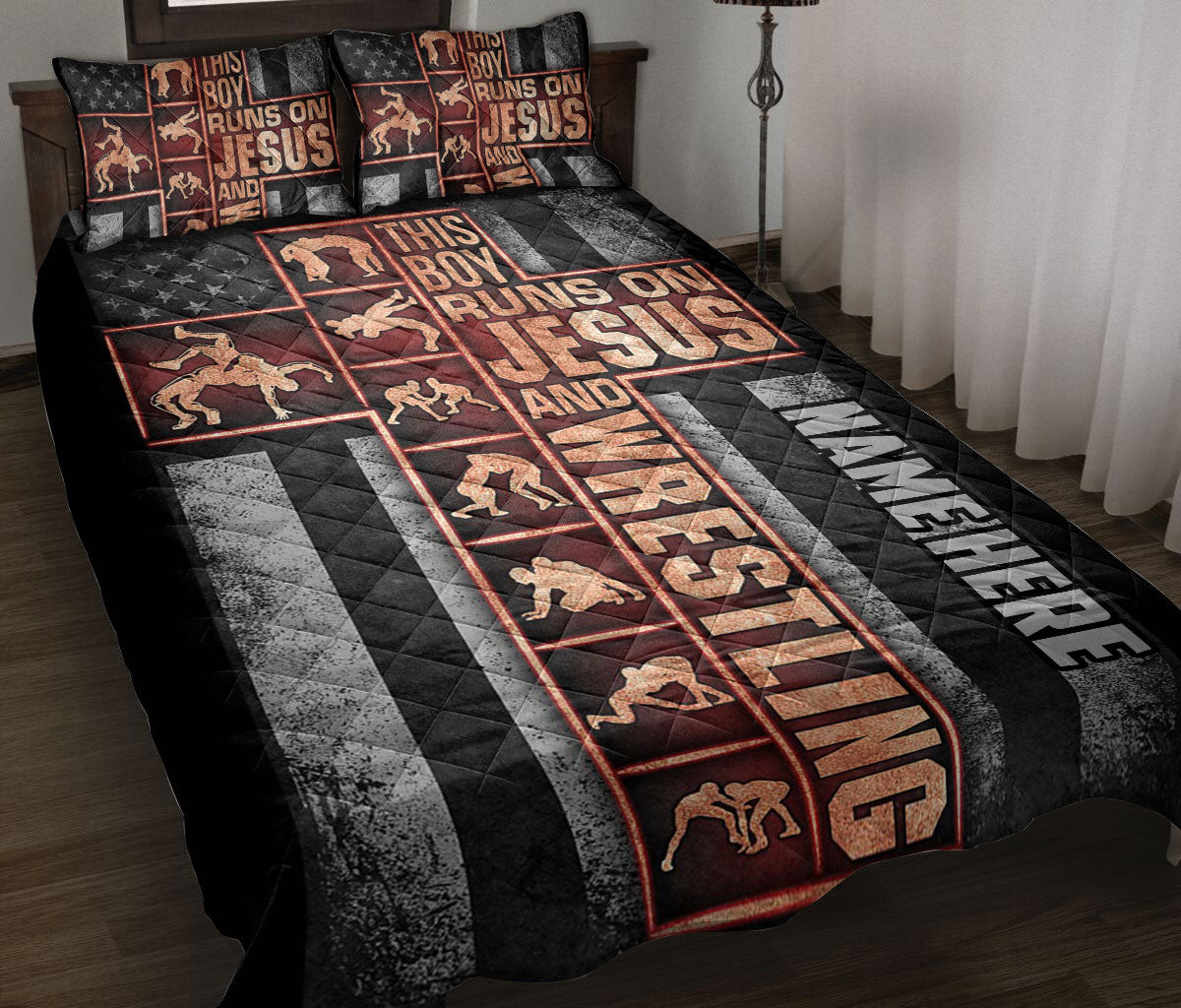 Wrestling quilt blanket bedding set displayed on a bed with black, rust, and gray sports artwork