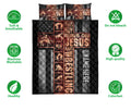 Wrestling quilt bedding set shown front-facing with grappling silhouettes, bold faith message, and feature icons