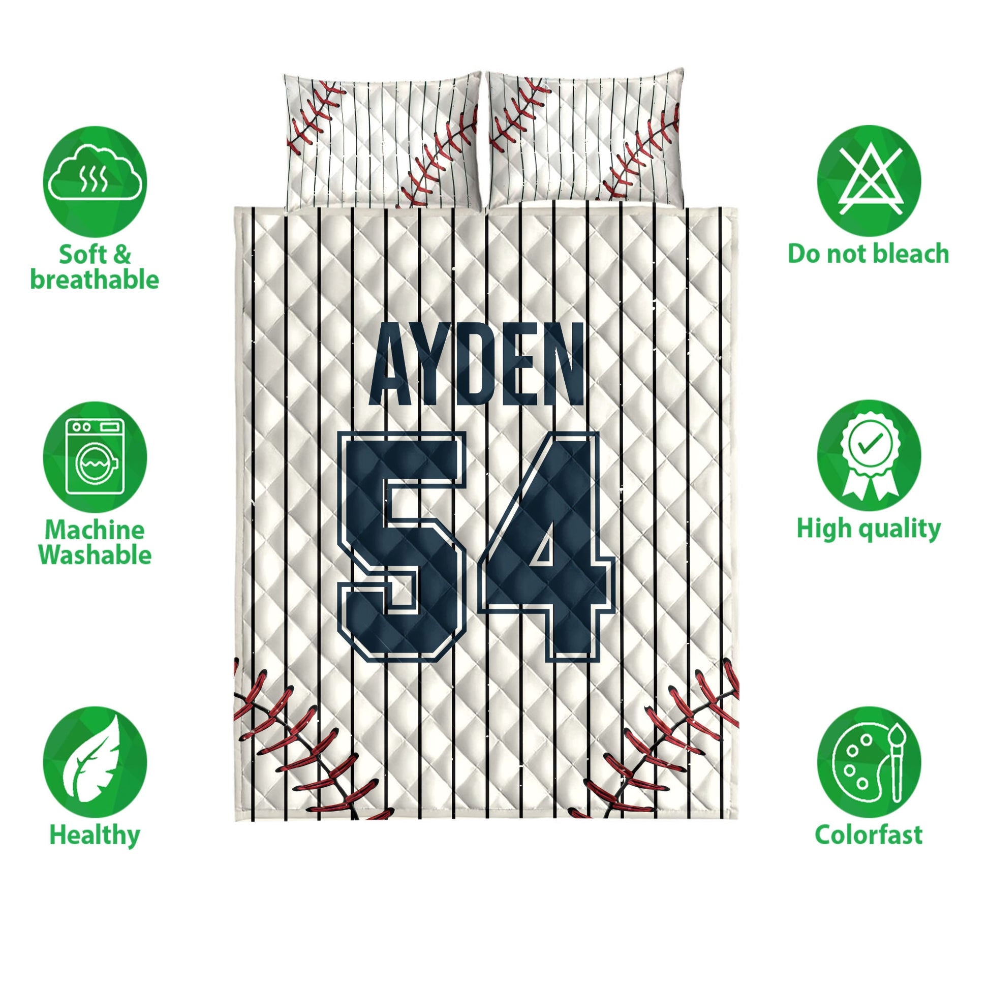 Baseball quilt bedding set displayed front-facing with pinstripes, red stitching, and bold navy sports artwork