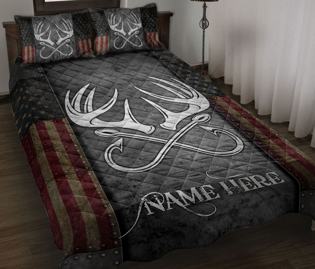 Hunting quilt blanket displayed on a bed with large antlers, patriotic stripes, stars, and rustic dark tones