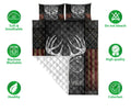 Hunting quilt bedding set showing antler artwork, crossed hooks, quilted texture, and breathable care feature icons