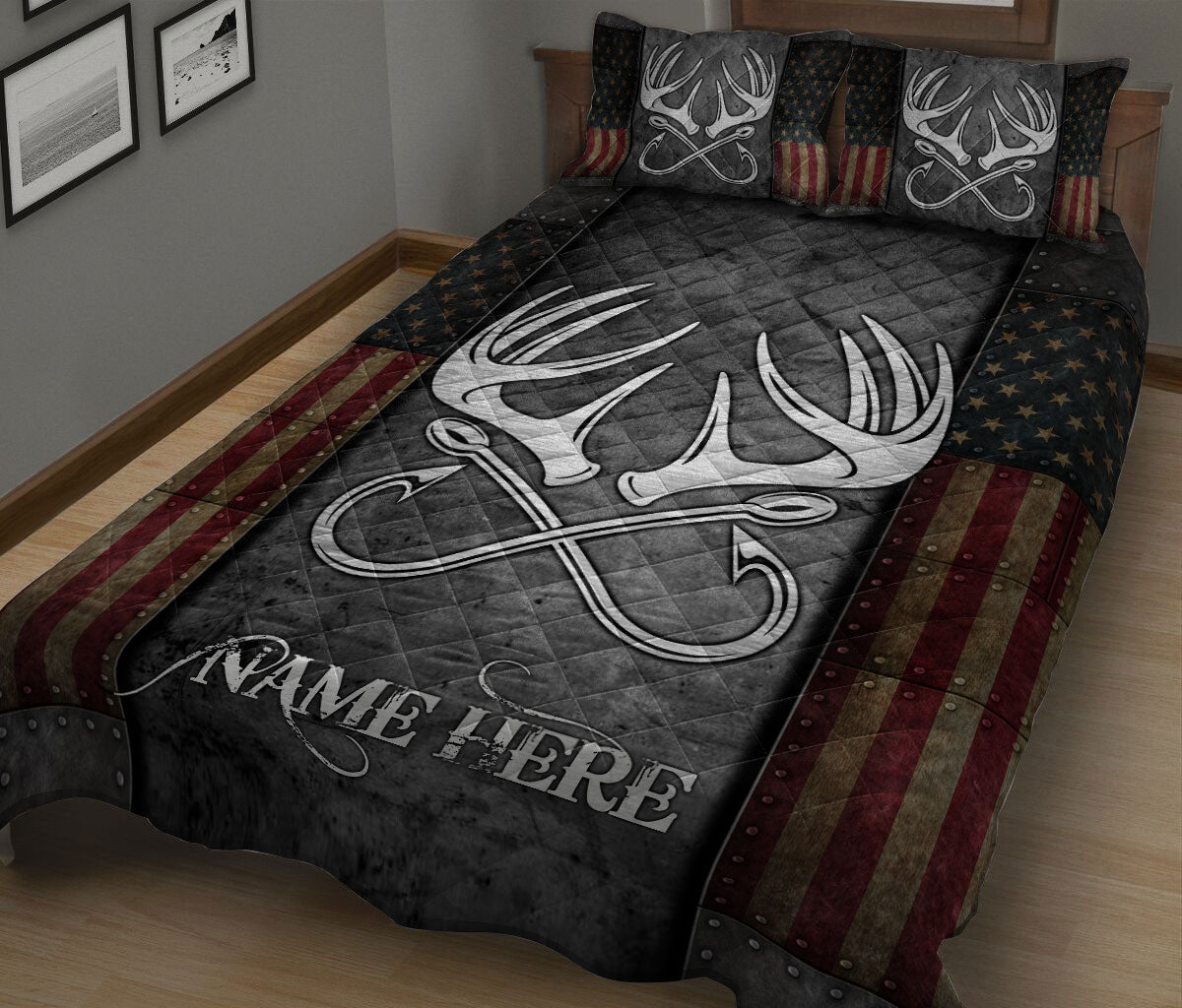 Hunting quilt blanket in a bedroom featuring bold antlers, crossed hooks, star details, and muted red stripes