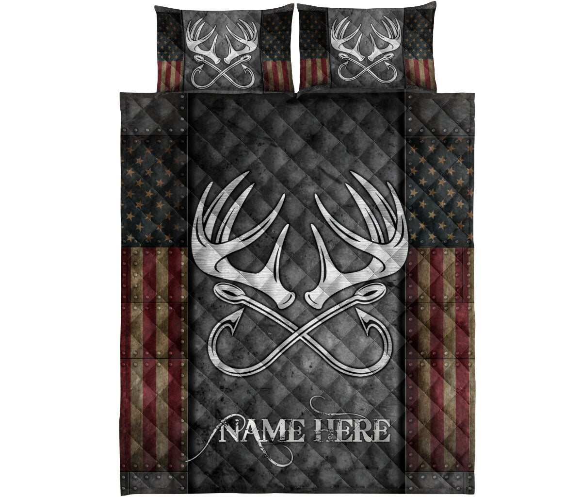 Hunting quilt bedding set with large silver antlers, crossed hooks, rustic black panels, stars, and red stripes