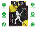 Softball quilt bedding set display with batter artwork, yellow softballs, black design, and product feature icons