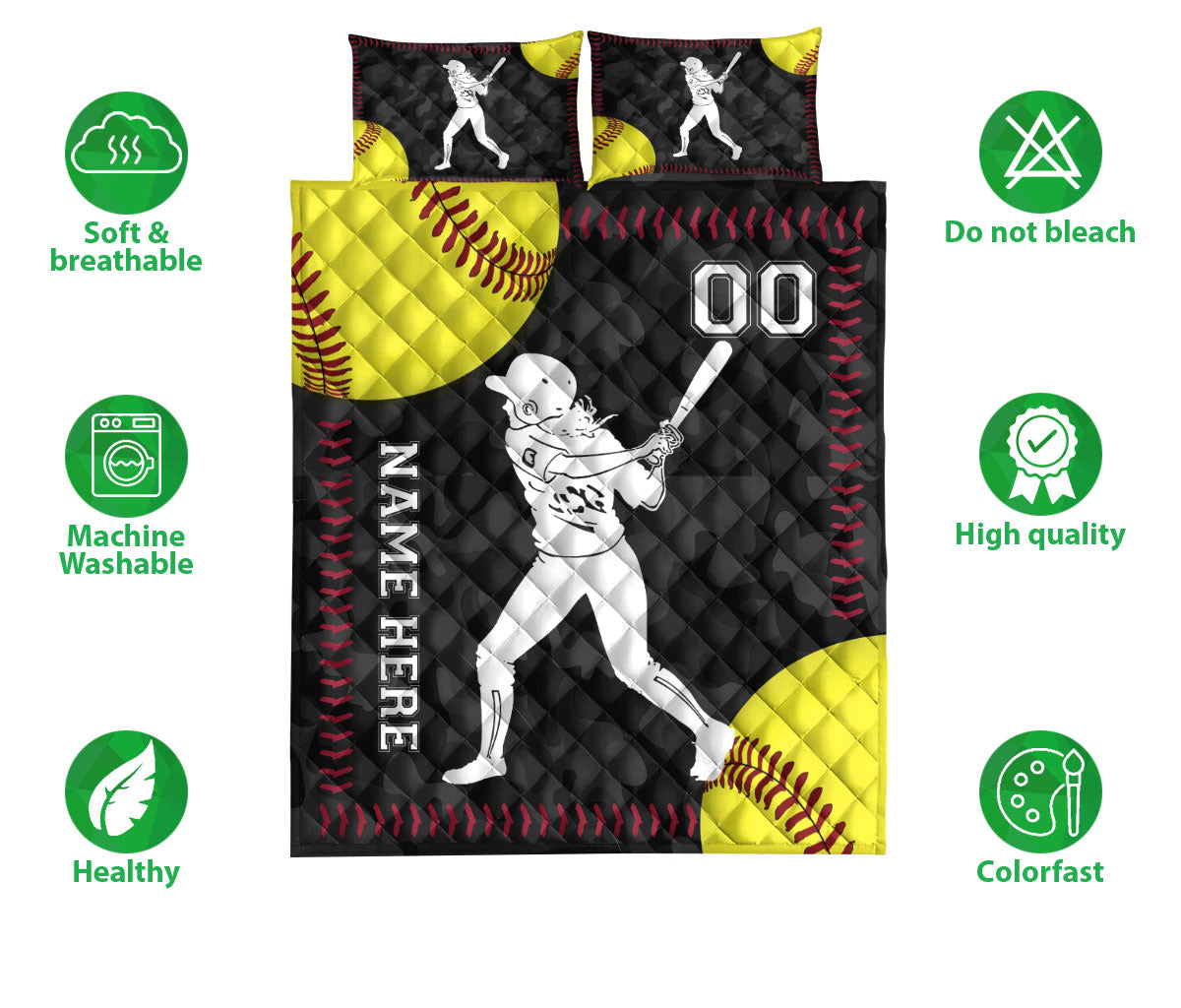 Softball quilt bedding set display with batter artwork, yellow softballs, black design, and product feature icons