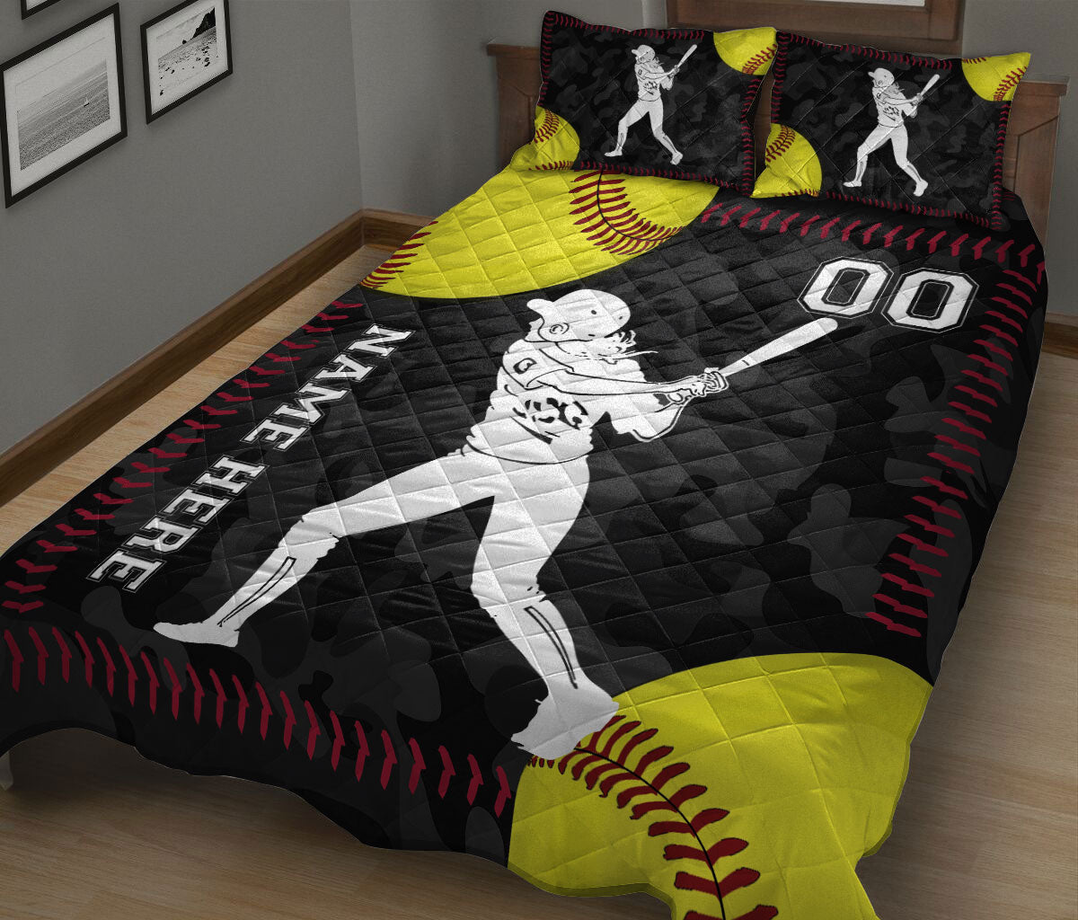 Close bedroom view of softball quilt bedding with batter silhouette, yellow softball graphics, and black sports design