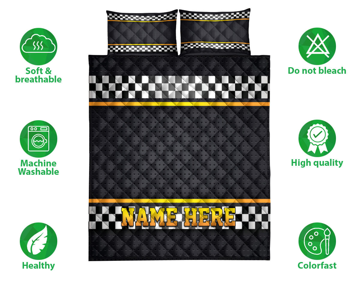 Racing quilt bedding set displayed with bold checkered flag artwork and black and yellow details