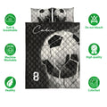 Soccer quilt bedding set displayed with product care and quality feature icons