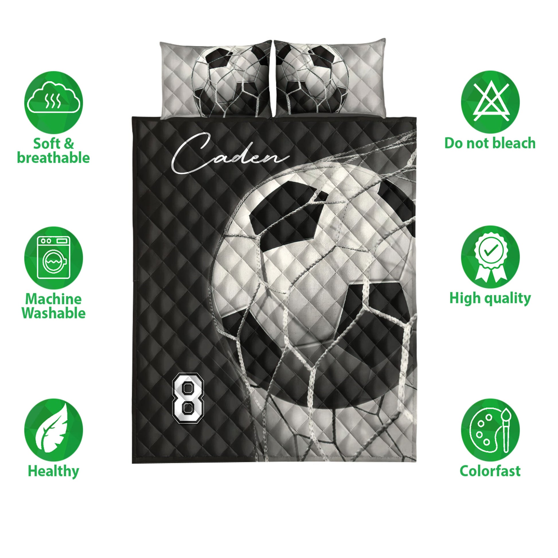 Soccer quilt bedding set displayed with product care and quality feature icons
