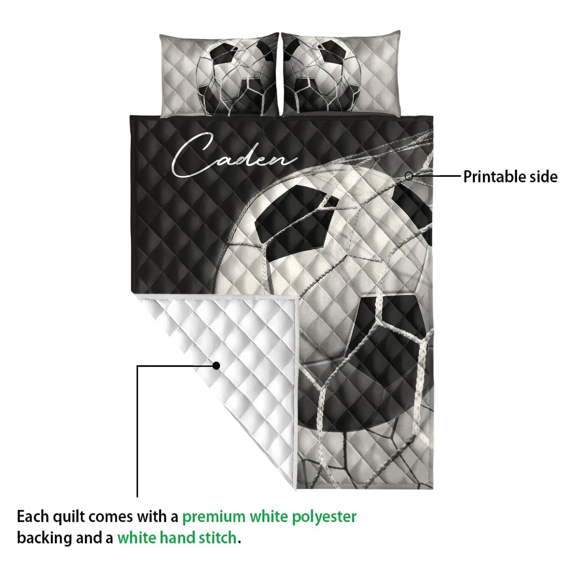 Soccer quilt showing the printed front and white quilted backing in a product detail view