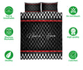 Black and red racing quilt bedding set with checkered design shown in a product feature layout