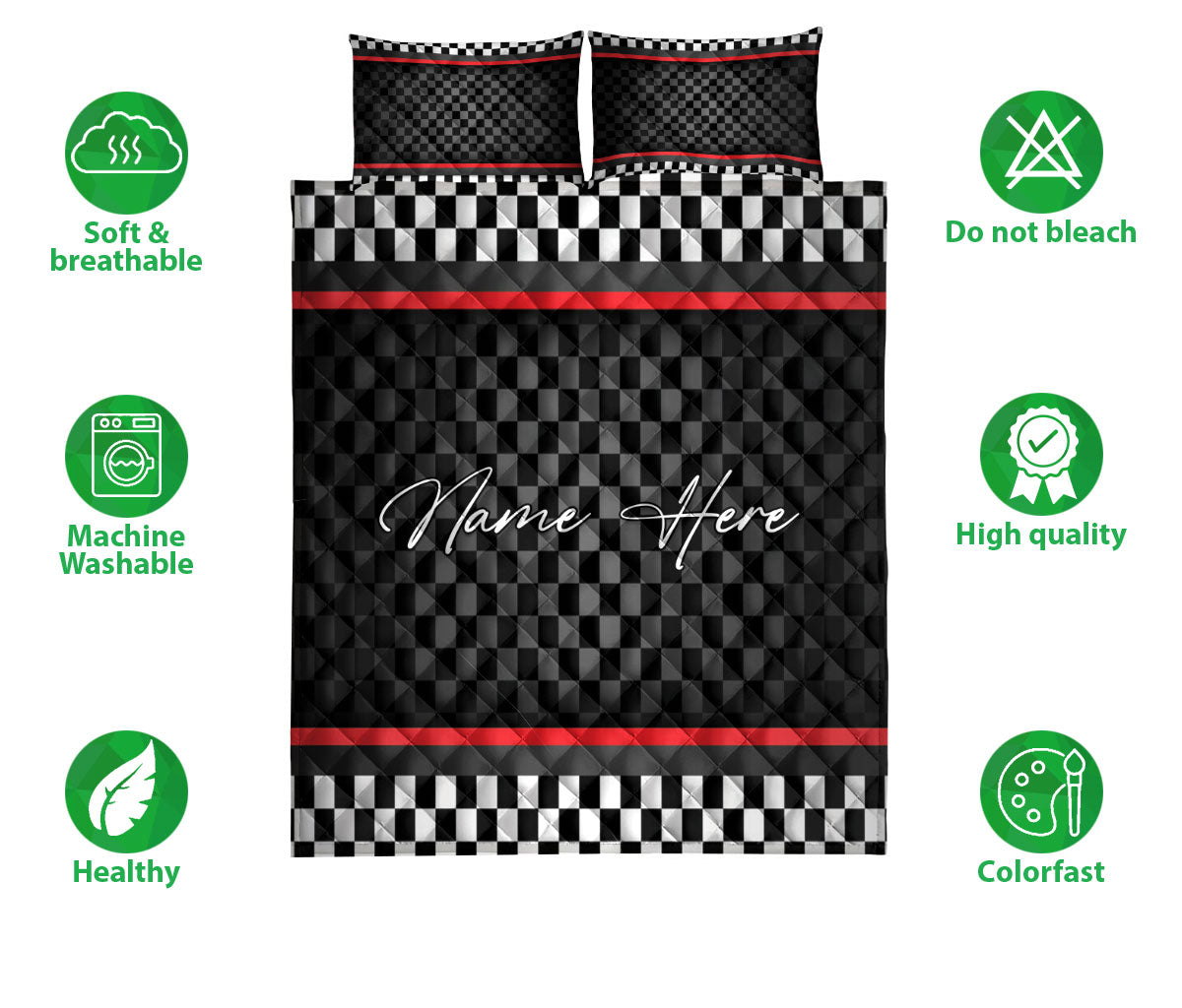 Black and red racing quilt bedding set with checkered design shown in a product feature layout