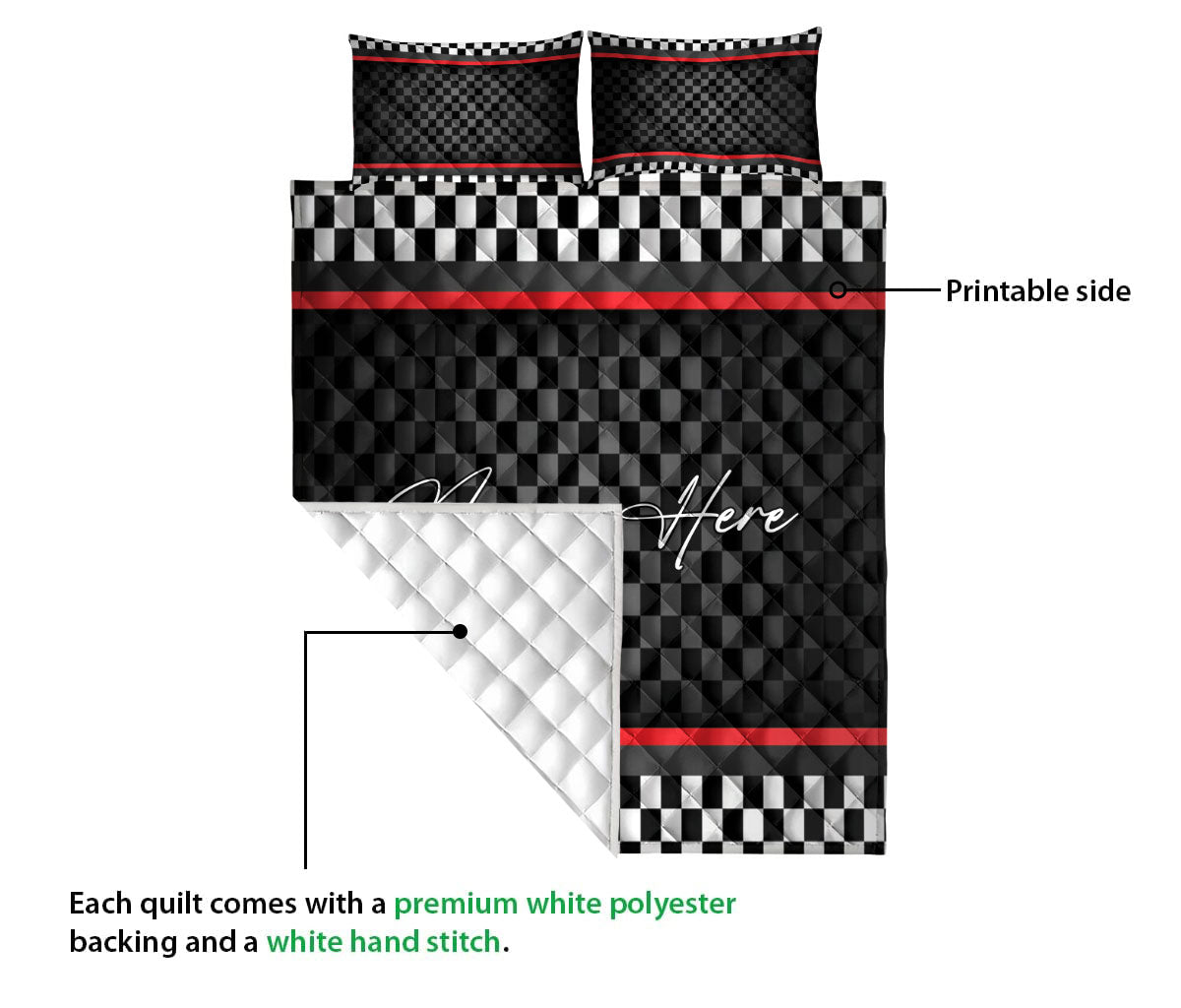 Racing quilt blanket lifted to show its white backing and stitched construction
