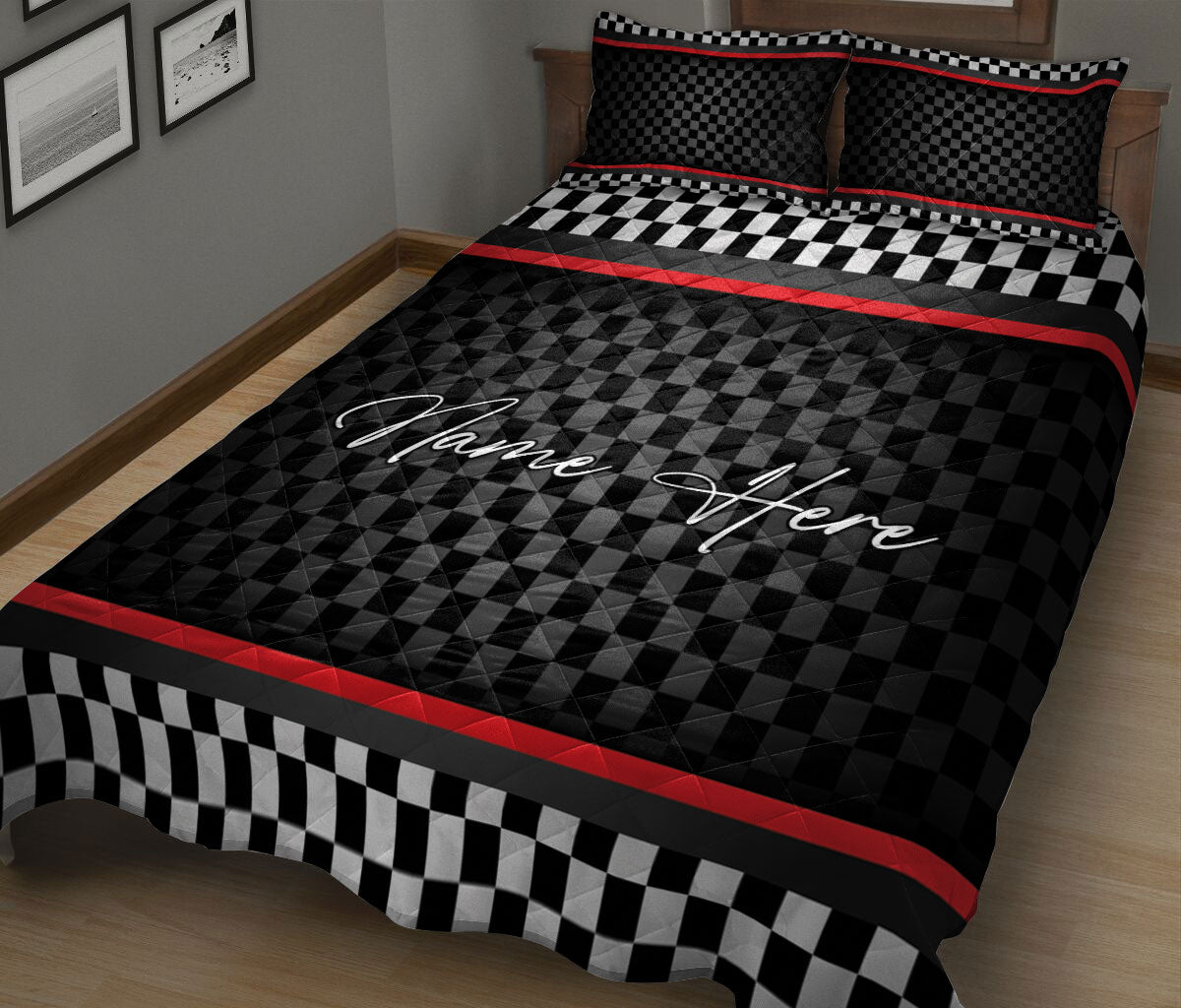 Black and red checkered racing quilt blanket styled on a bedroom bed