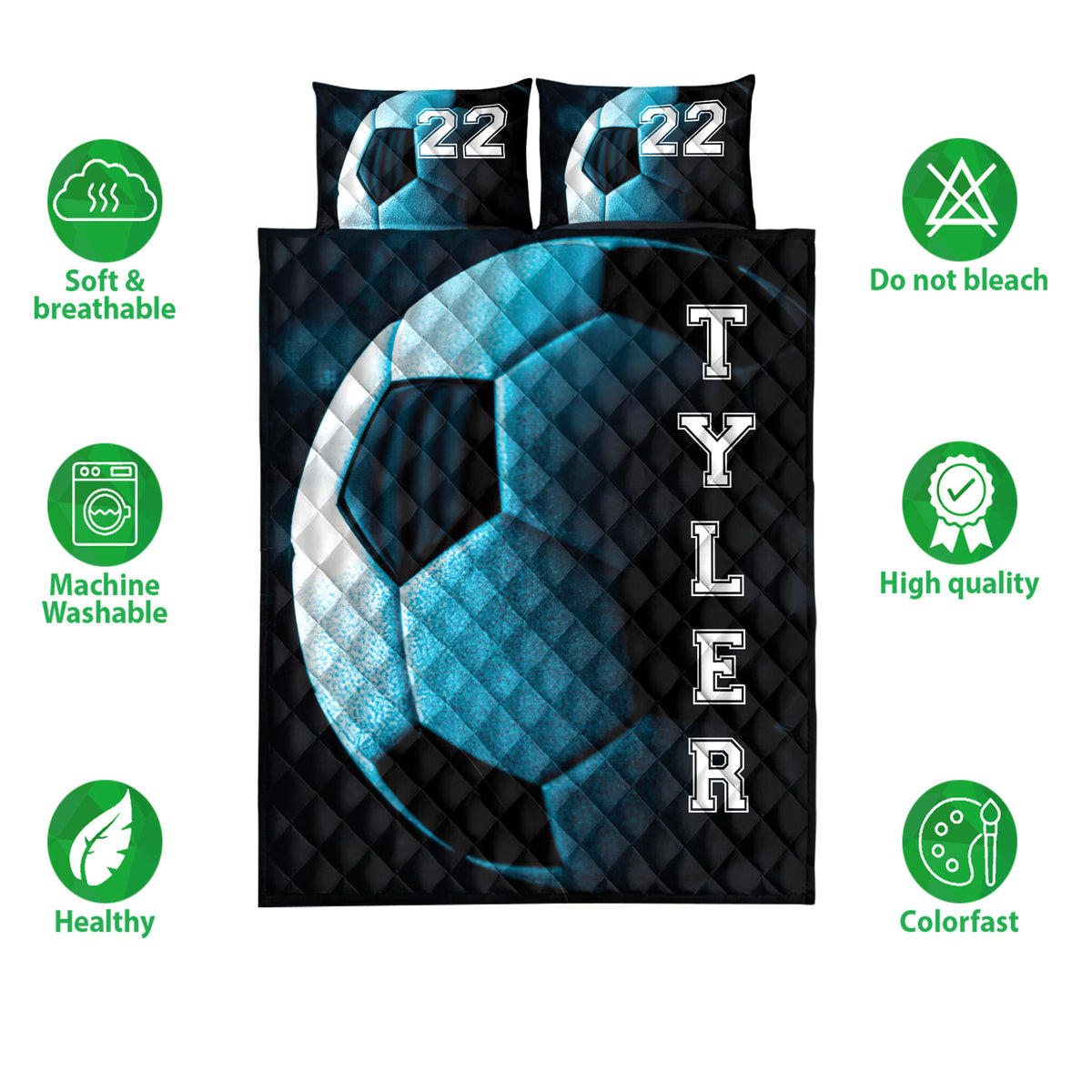 Soccer quilt bedding set shown front-facing with black, blue and white ball artwork
