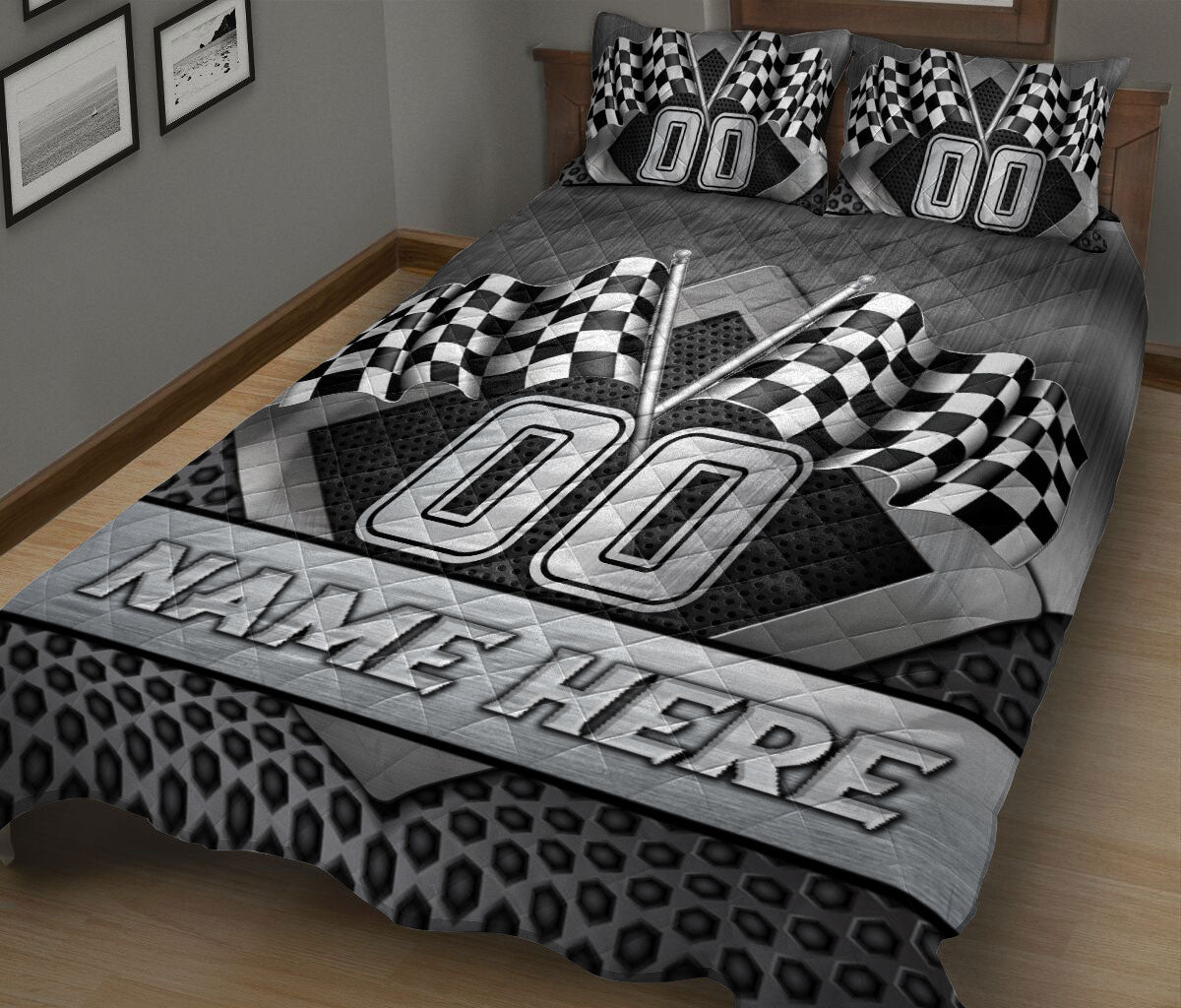 Black and gray racing quilt blanket featuring checkered flags and bold track-inspired bedroom artwork