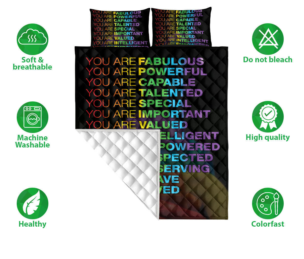 Rainbow affirmation quilt blanket showing the quilted surface, reverse side, and product feature icons