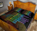 Rainbow affirmation quilt bedding set displayed across a traditional wooden bedroom with colorful artwork