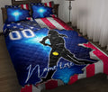 Softball quilt blanket with female player silhouette, yellow softball, stars, and red white blue sports artwork