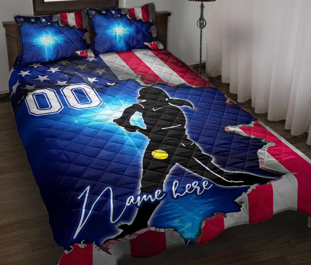 Softball quilt blanket with female player silhouette, yellow softball, stars, and red white blue sports artwork