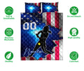 Softball quilt bedding set shown with female player artwork, patriotic colors, and product feature icons