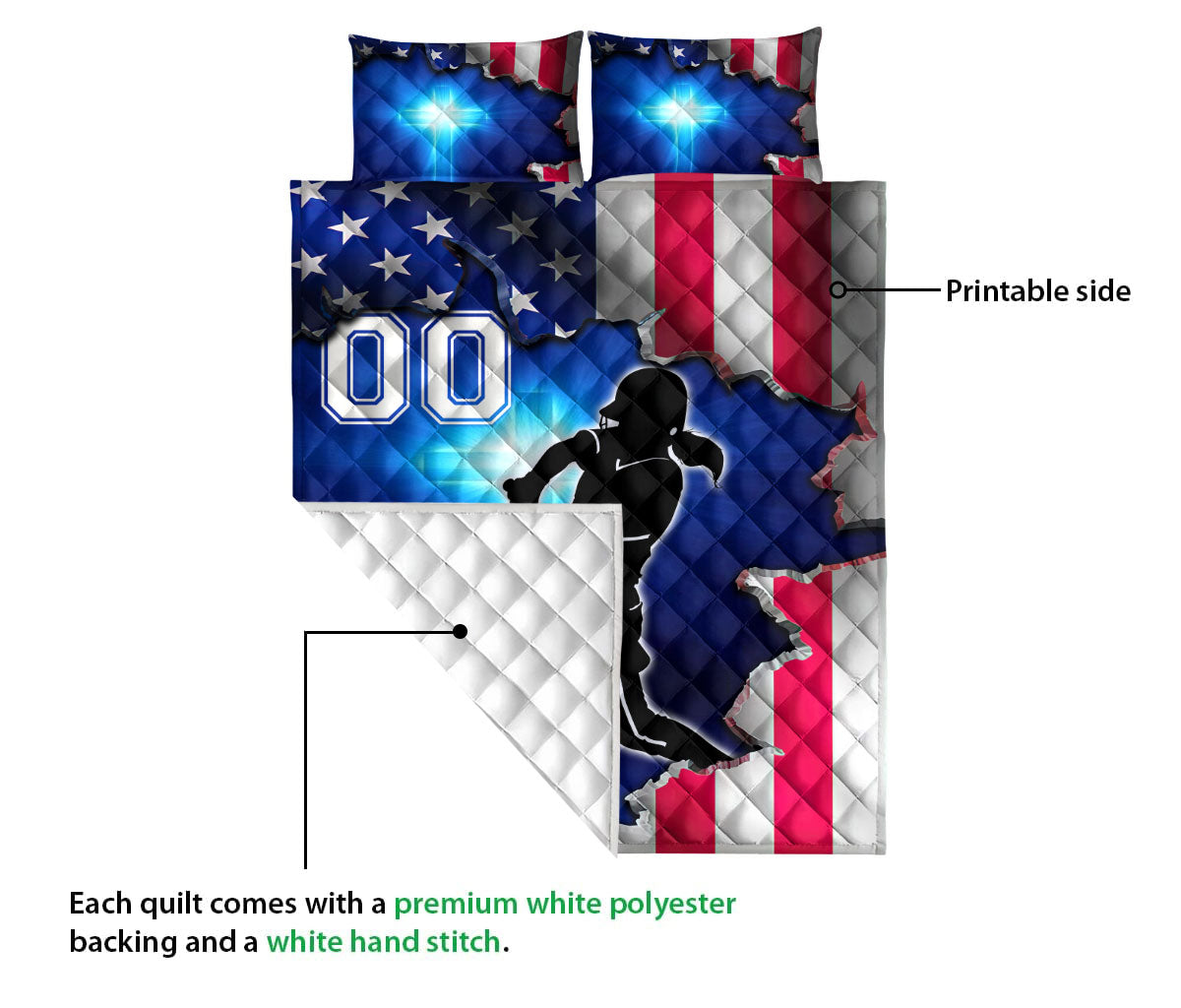 Softball quilt showing the printed front artwork and white quilted backing detail