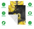 Softball quilt bedding set displayed flat with black and gold stitched sports artwork