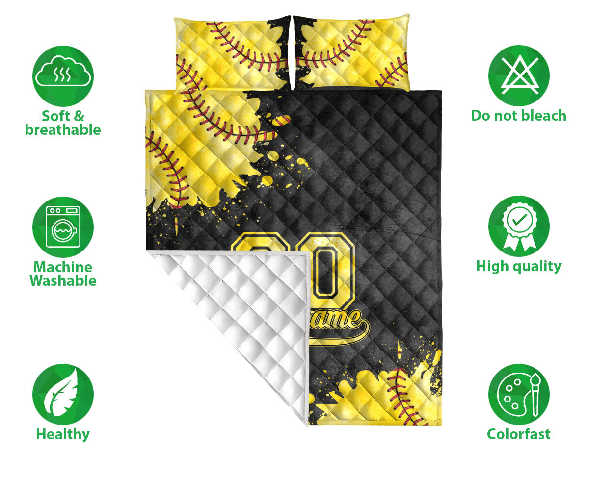 Softball quilt bedding set displayed flat with black and gold stitched sports artwork