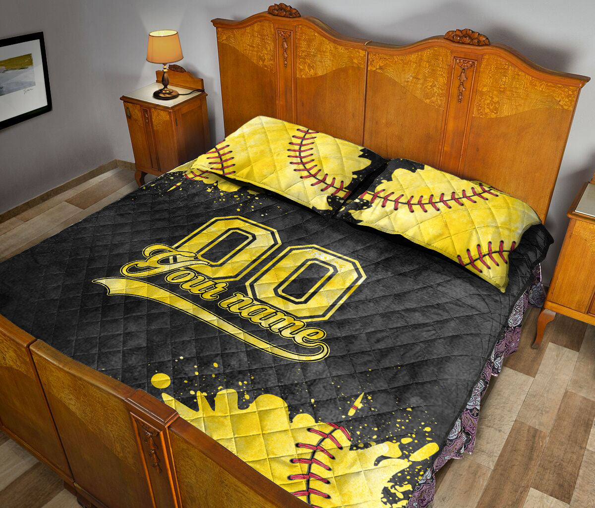 Black and gold softball quilt blanket presented in a traditional bedroom setting
