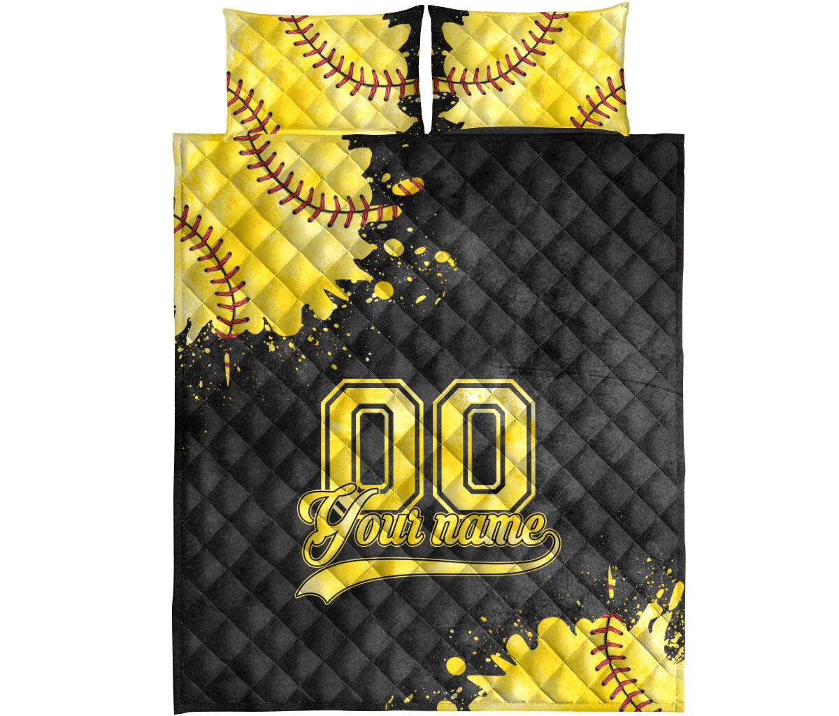 Front view of a black and gold softball quilt bedding set with colorful sports design