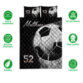 Soccer ball quilt bedding set shown with soft breathable and colorful product feature icons