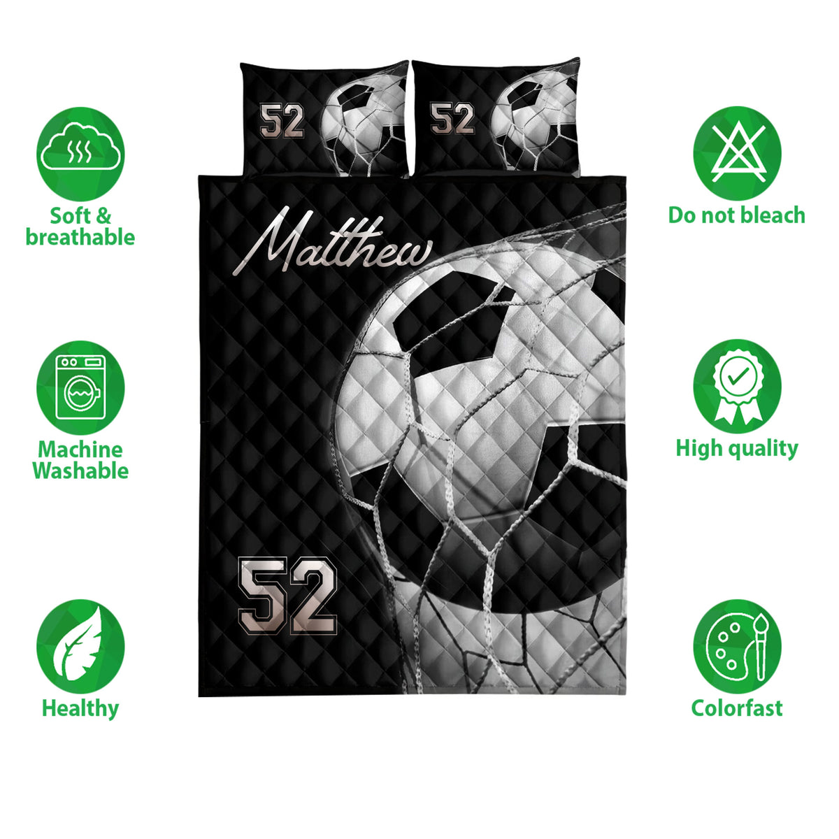 Soccer ball quilt bedding set shown with soft breathable and colorful product feature icons