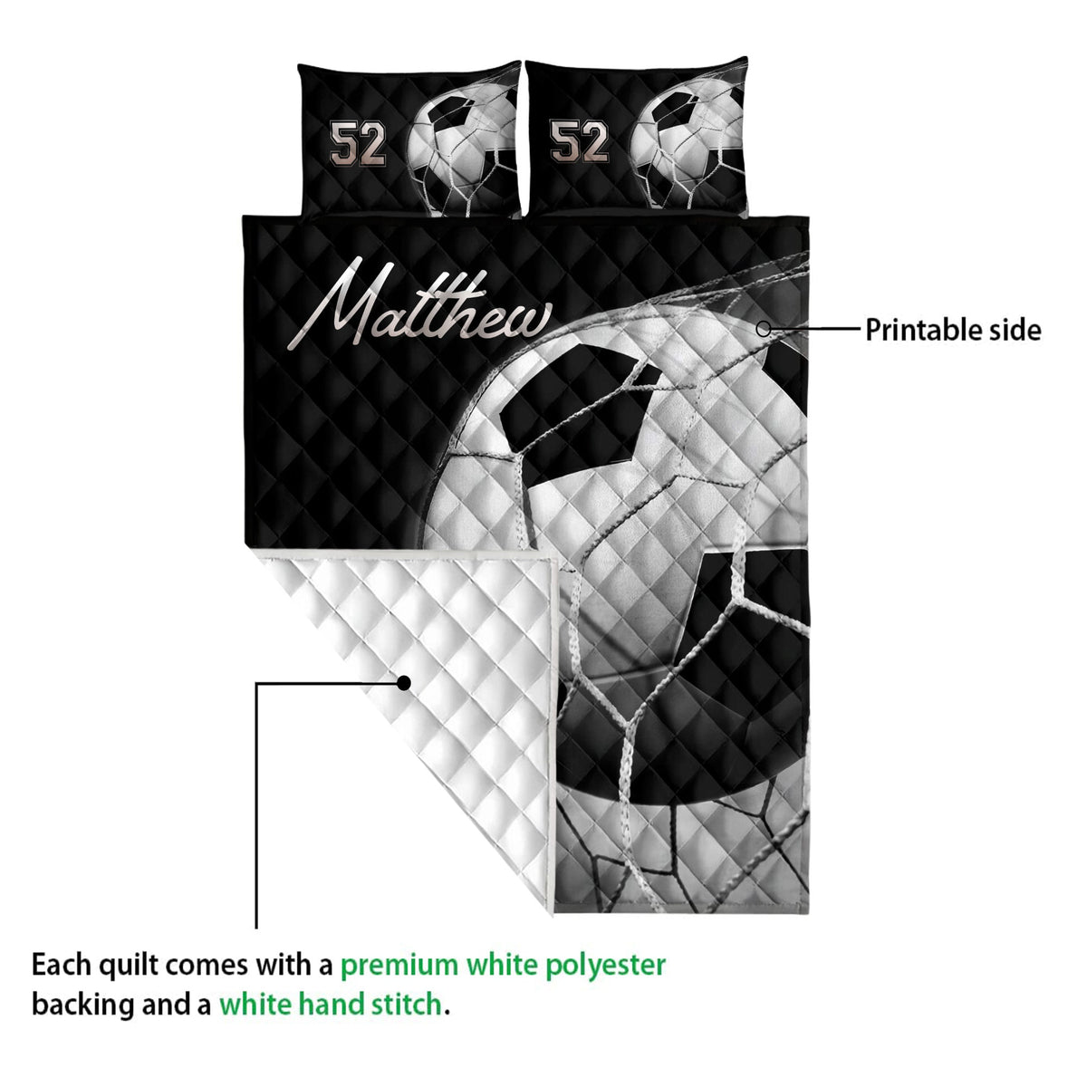 Soccer quilt blanket displayed with a visible printed front and white quilt backing