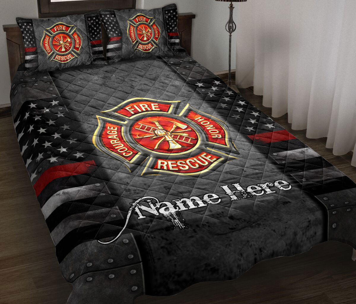 Firefighter quilt blanket displayed on a bed with fire rescue emblem, black stripes, stars, and red accents