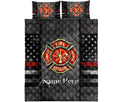 Firefighter quilt bedding set displayed flat with central fire rescue emblem and patriotic black, gray, and red artwork