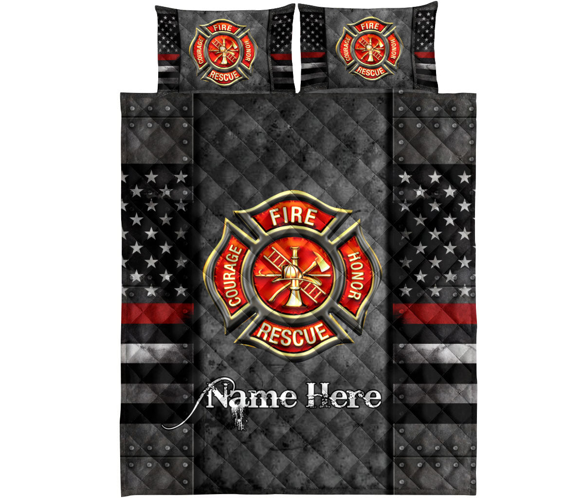 Firefighter quilt bedding set displayed flat with central fire rescue emblem and patriotic black, gray, and red artwork