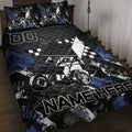 Dirt track racing quilt blanket displayed on a bed with sprint car artwork and black, blue, and white graphics