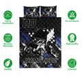 Dirt track racing quilt bedding set with sprint car artwork, checkered flags, and bold black and blue design