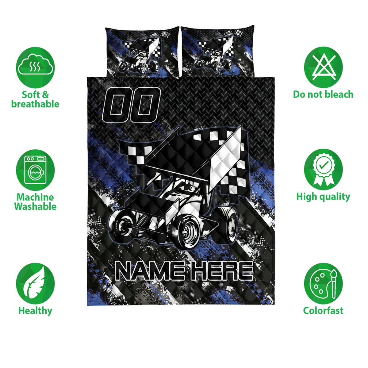 Dirt track racing quilt bedding set with sprint car artwork, checkered flags, and bold black and blue design