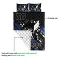 Dirt track racing quilt blanket showing sprint car artwork and a white quilted backing detail