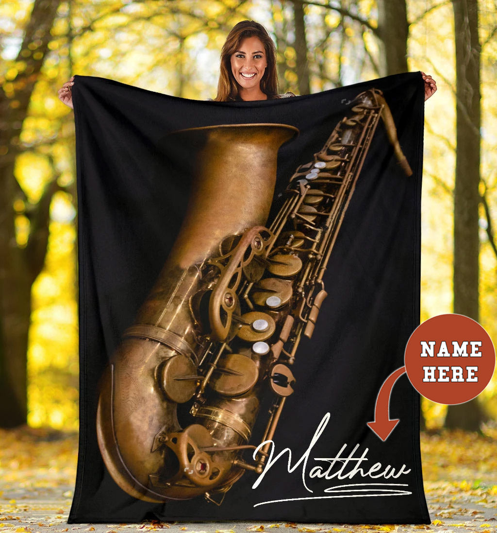 Ohaprints-Fleece-Sherpa-Blanket-Saxophone-Lover-Gift-Saxophone-Artist-Vintage-Black-Custom-Personalized-Name-Soft-Throw-Blanket-1887-Sherpa Blanket