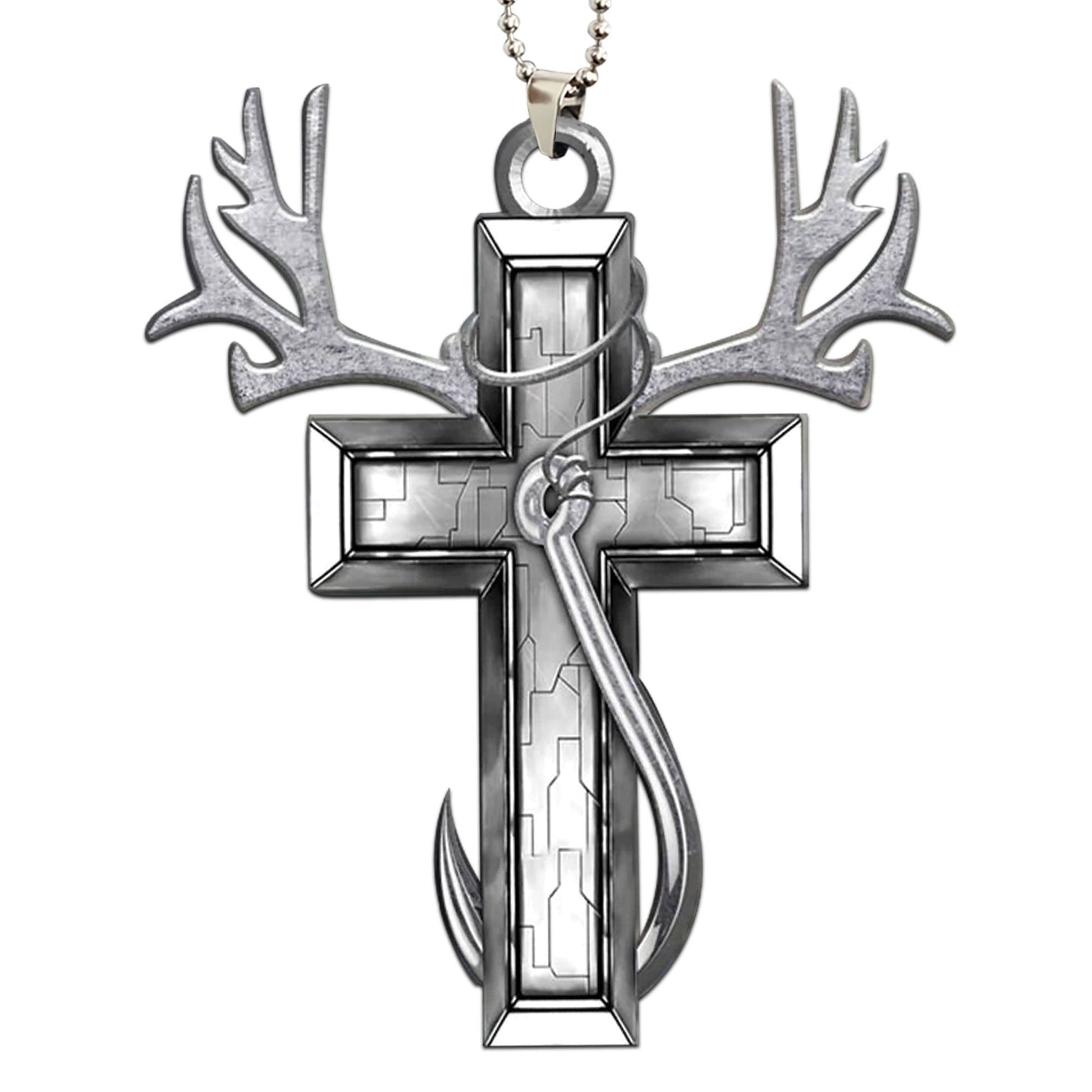 Jesus Hunting Fishing Hook Christian Fisherman Deer Hunter Cross Car Ornament, 2D Flat Car Rear View Mirror Accessories, Rearview Mirror Charm