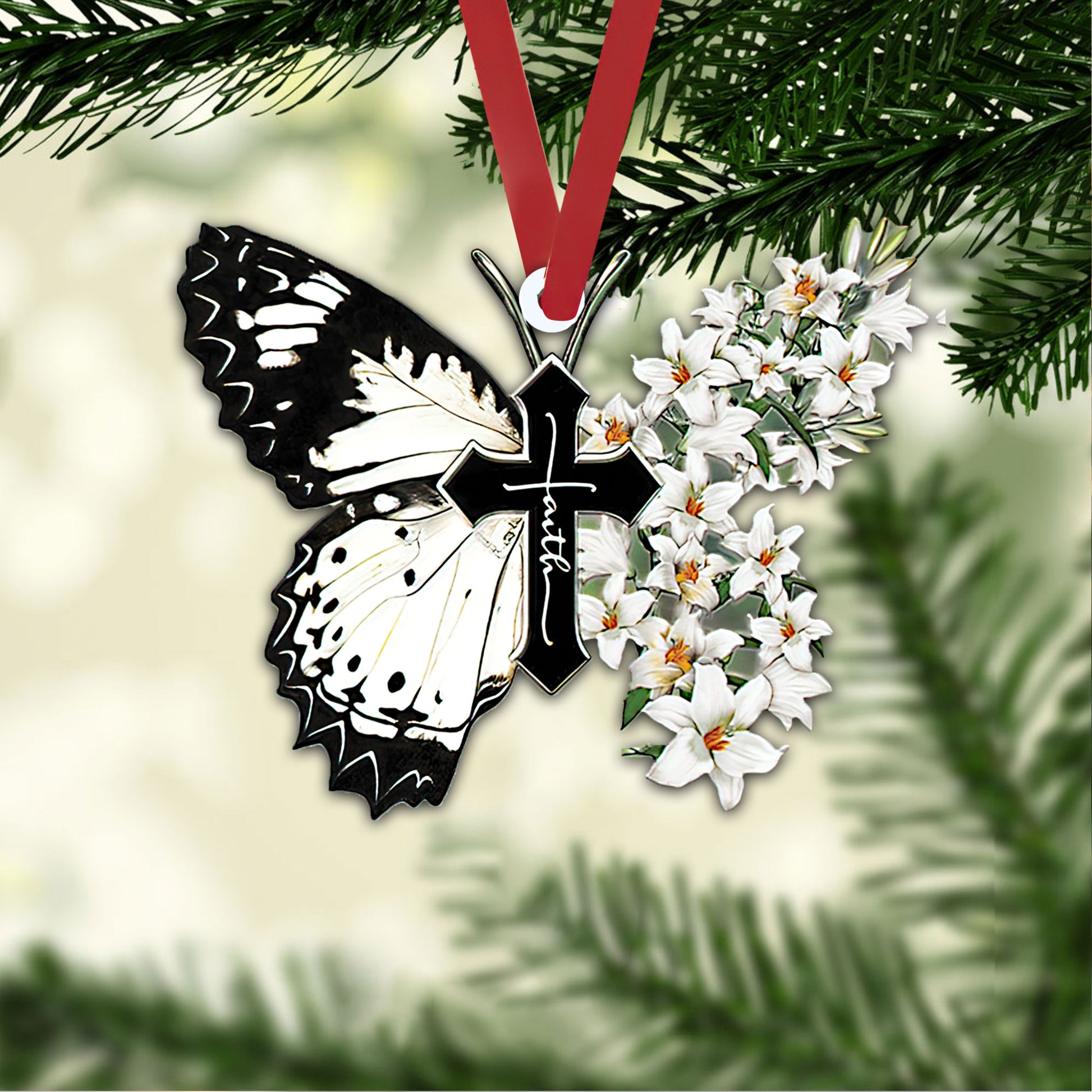 white lily ornament Christmas Ornament 2D Flat White Lily Butterfly Faith Jesus Cross Christian God Religious Lover Xmas Tree Car Decor Gift